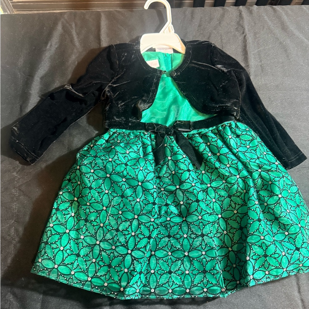 Bonnie Baby Green and Black Floral Velvet Bolero Dress